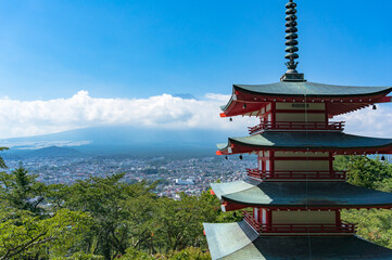 Beautiful landscape with Shureito pagoda and Mount Fuji