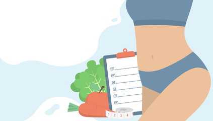 Healthy woman body with diet plan checklist on clipboard, measuring tape, fruits and vegetables. Healthy diet, weight loss and nutrition consultation concept. Flat vector illustration. Copy space.