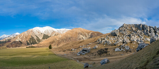 Mountain valley with huge boulders and snow capped mountains