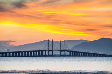 Penang Bridge view from the shore of George Town, Malaysia