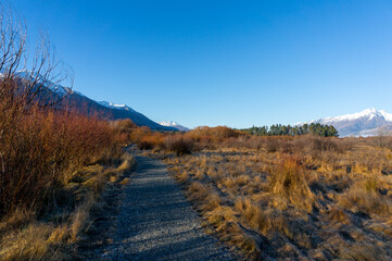 Winter mountain landscape with hiking path. Outdoor mountain landscape