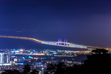 Aerial view of 2nd Penang Bridge view during light up from Balik Pulau Hill