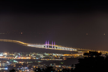 Aerial view of 2nd Penang Bridge view during light up from Balik Pulau Hill