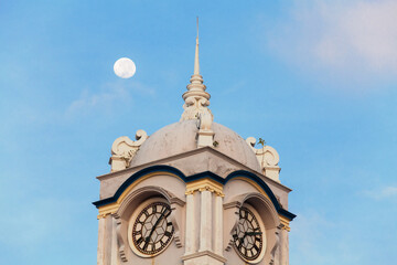 Close up view of clock tower with blue sky in George Town Penang