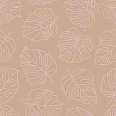 Tropical Monstera Leaves Seamless Pattern. Vector floral background in a trendy minimalistic linear style © Sini4ka