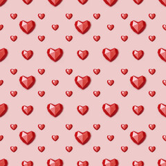 Seamless pattern with red polygonal paper heart on pink background. Wallpaper for Valentines Day. Love concept. Bright colors. Minimal style.