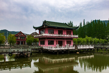 Fototapeta na wymiar Pink building in Zhejiang Province, China