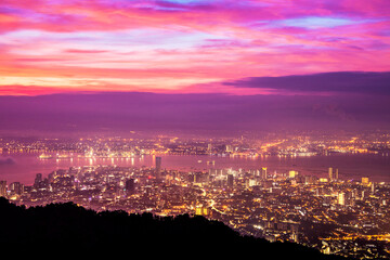 George Town city view from Penang Hill, Pulau Pinang Malaysia