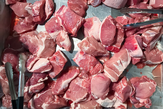 Top View Of Fresh Red Meat Pork In Supermarket 