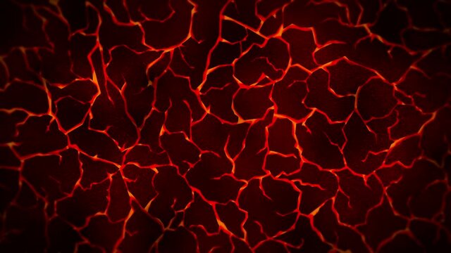 Dark background with red cracked ground. Smoke, Fog, Dust. Loop animation of molten lava. Earth surface. Heat burning floor.