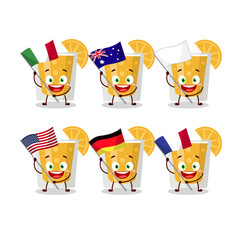 orange juice cartoon character bring the flags of various countries