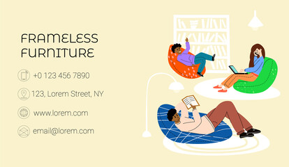 Vector flat illustration business card for frameless furniture store with place for information. Can be used standard sizes 50x90. Family is depicted on chairs, bags, Ottomans.