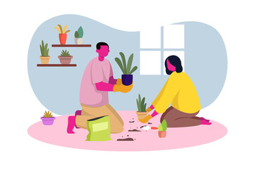 Men and Women Planting Some Flowers at Home, Work From Home Flat Illustration, Gardening Template