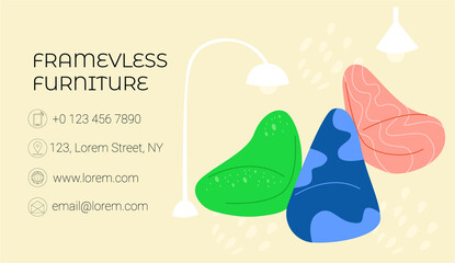 Vector flat illustration business card for frameless furniture store with place for information. Can be used standard sizes 50x90. Here you can see chairs bags, poufs.