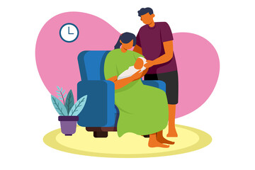 Parents Relaxing With Their Baby, Mother with Daughter Sitting on The Sofa, Modern Flat Illustration