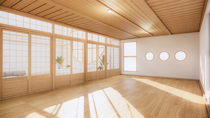 Japanese room tropical Interior style, Big empty room Interior mock up.3D rendering