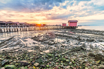 Tan Jetty of George Town, Penang view during sunrise with a hut