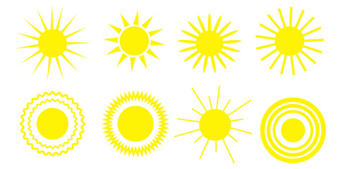 Set of vector sun icons. Yellow graphic, abstract illustration of heat, summer, hot weather.