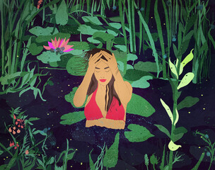 Postać młodej dziewczyny z uniesionymi rękoma stojącej w  wodzie pośród roślin wodnych