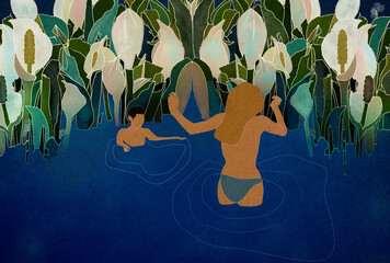 Postacie kobiety i mężczyzny w wodzie na tle roślin wodnych - obrazy, fototapety, plakaty