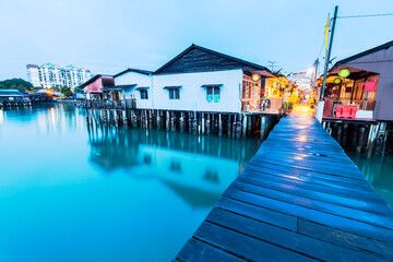 Lee Clan Jetty view during sunrise in George Town Penang - obrazy, fototapety, plakaty