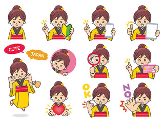 町娘　バリエーション　初心者マーク　スマートフォン　タブレット　虫眼鏡　クレジットカード　ハート　OK　NO