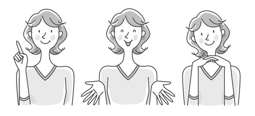 女性　表情　ポジティブ　モノクロ