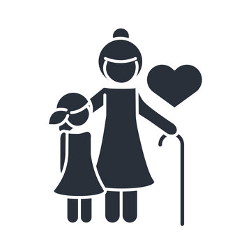 grandmother and granddaughter hugging characters family day, icon in silhouette style