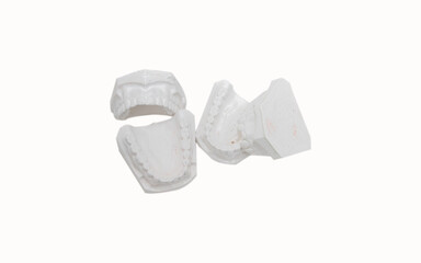 Blurry image,teeth model Is a tooth block made of cement For use in dental clinics Placed on a white background.