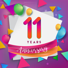 11th years anniversary logo, vector design birthday celebration with colorful geometric, Circles and balloons isolated on white background.