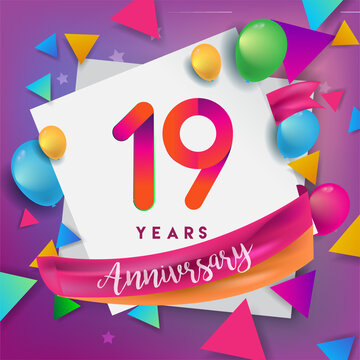 19th years anniversary logo, vector design birthday celebration with colorful geometric, Circles and balloons isolated on white background.