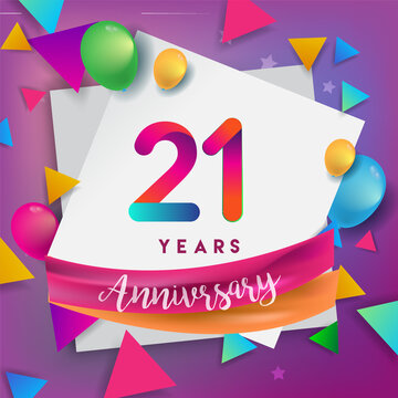 21st years anniversary logo, vector design birthday celebration with colorful geometric, Circles and balloons isolated on white background.