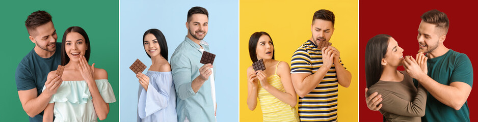 Beautiful young couple with tasty chocolate on color background