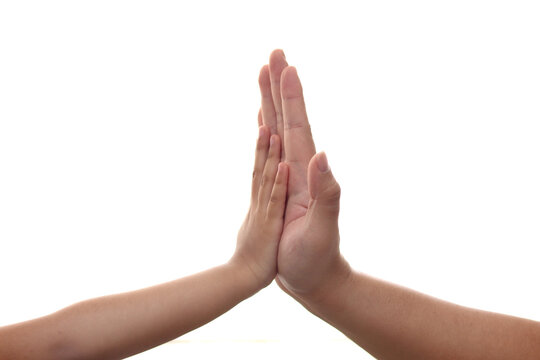 Little kid and adults hand gesture, shows high five. Isolated on white background