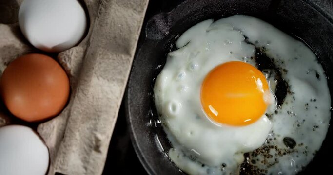 Frying pan with fried egg rotates slowly.