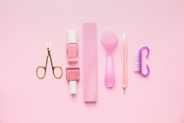 Supplies for manicure on color background