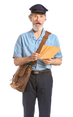 Surprised old postman on white background