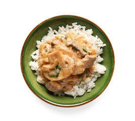Tasty beef stroganoff with rice on white background