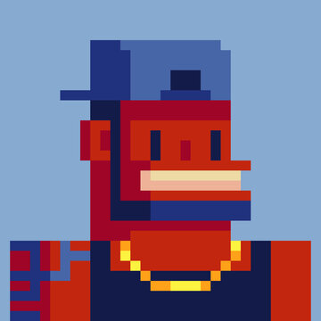 Gangster man pixel art style character, african american gangsta rap stars. Avatar, portrait and profile picture. Design of 80s. Game assets. 8-bit. Isolated vector illustration.