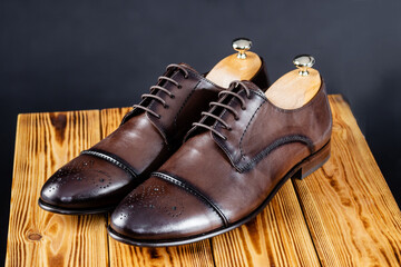 stylish leather brown shoes against a dark background.