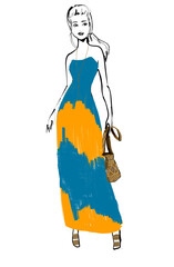 fashion illustration beautiful young woman in a maxi blue and yellow bohemian dress 