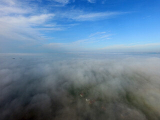 Aerial view of the morning fog (drone image). Near Kiev