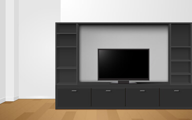 lcd tv on black showcase and cabinet in the livingroom