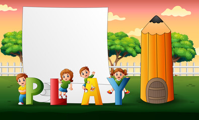 Children with play text in the nature