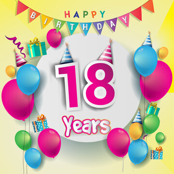 18th Anniversary Celebration, birthday card or greeting card design with gift box and balloons, Colorful vector elements for birthday celebration party.