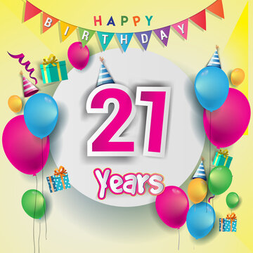 21st Anniversary Celebration, birthday card or greeting card design with gift box and balloons, Colorful vector elements for birthday celebration party.