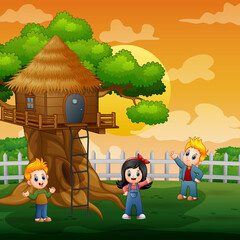 Three kids playing at the treehouse illustration