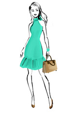 Fashion illustration: a beautiful young woman green sundress and elegant purse