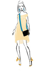 Fashion illustration: a beautiful young woman bohemina yellow dress and matching purse