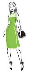Fashion illustration: a beautiful young woman in an elegant green knee-high dress